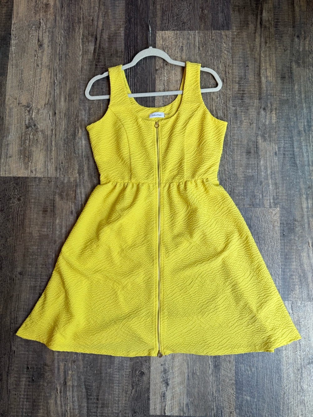 Calvin Klein Womens Dress Spring Summer Yellow Jacquard Sleeveless Zipper Size 8